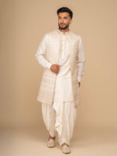 Neumen Cream Kurta, Dhoti & Long Waistcoat Set For Men