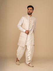 Neumen Cream Kurta, Dhoti & Long Waistcoat Set For Men