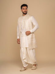 Neumen Cream Kurta, Dhoti & Long Waistcoat Set For Men