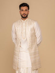 Neumen Cream Kurta, Dhoti & Long Waistcoat Set For Men