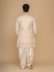 Neumen Cream Kurta, Dhoti & Long Waistcoat Set For Men