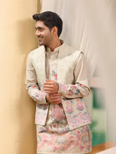 Beige Floral Kurta with Nehru Jacket Set