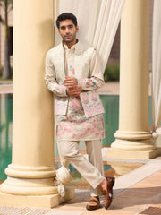Beige Floral Kurta with Nehru Jacket Set