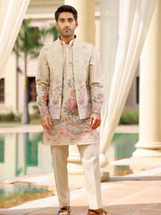 Beige Floral Kurta with Nehru Jacket Set