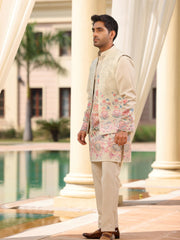 Beige Floral Kurta with Nehru Jacket Set
