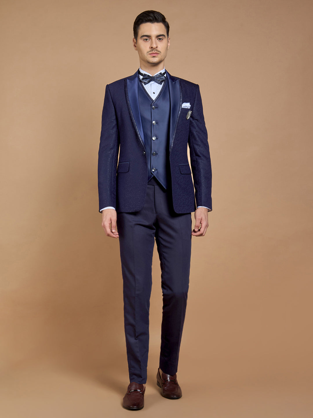 Men's Navy Blue Printed Tuxedo With Peak Collar