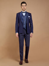 Men's Navy Blue Printed Tuxedo With Peak Collar