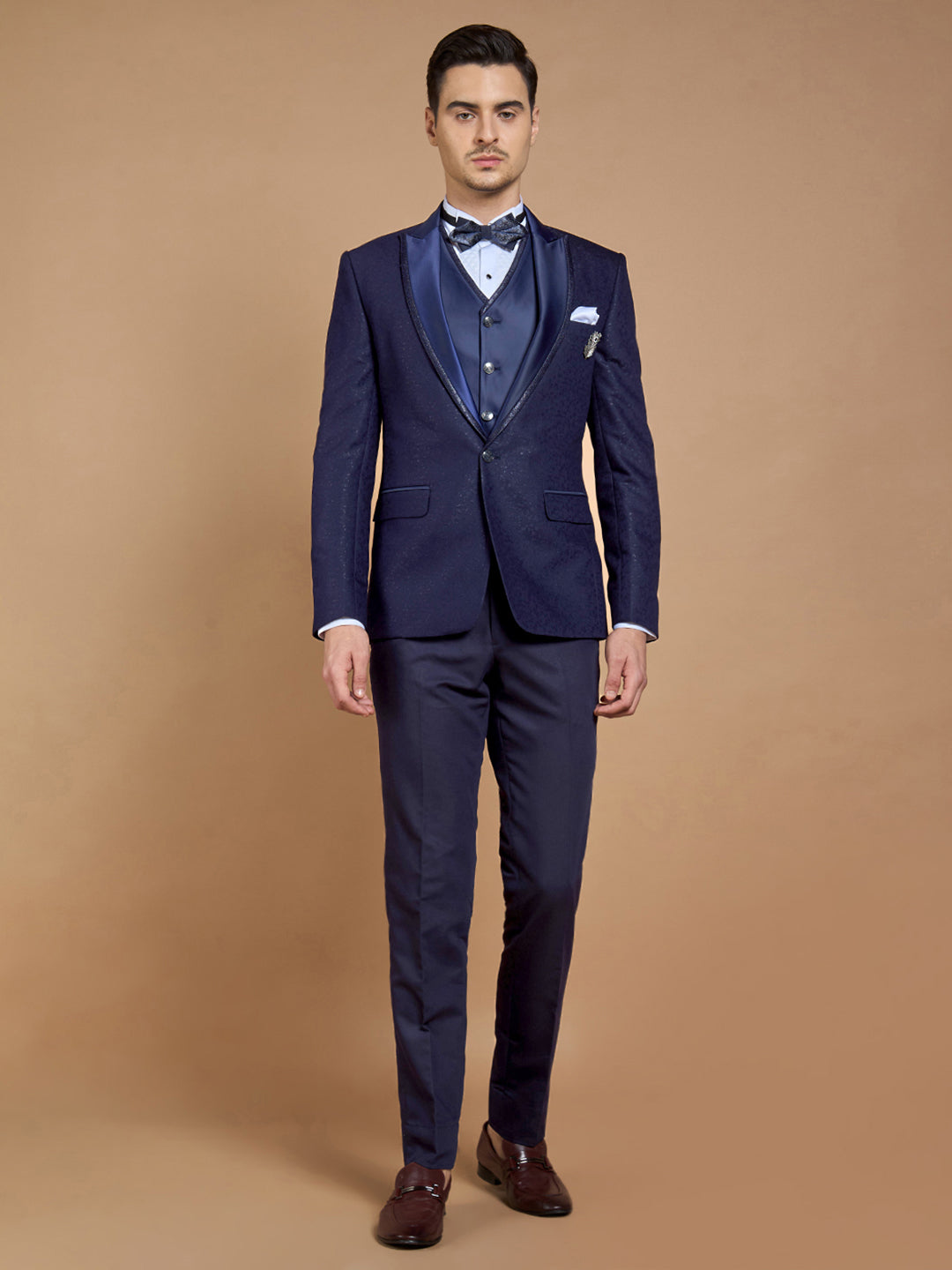 Men's Navy Blue Printed Tuxedo With Peak Collar