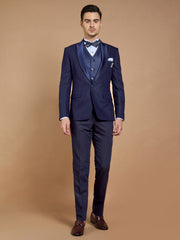 Men's Navy Blue Printed Tuxedo With Peak Collar
