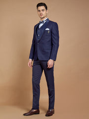 Men's Navy Blue Printed Tuxedo With Peak Collar