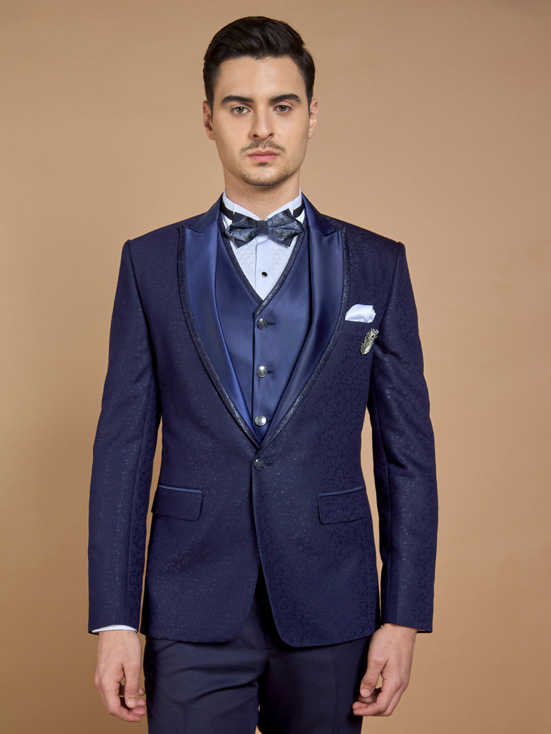 Men's Navy Blue Printed Tuxedo With Peak Collar