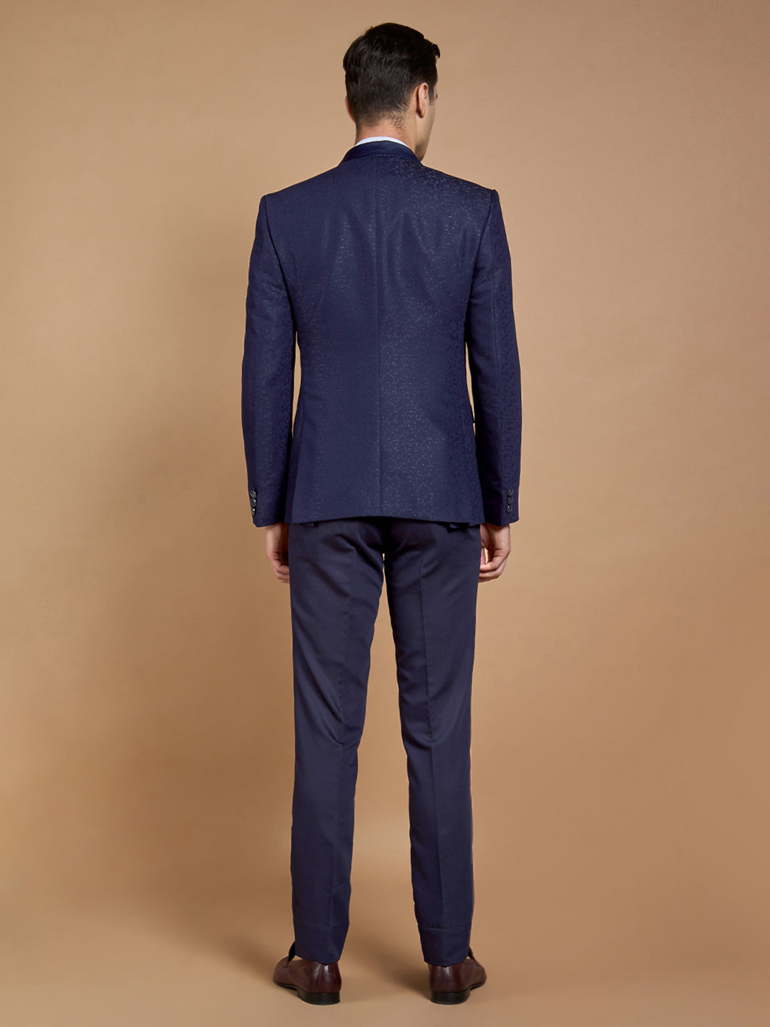 Men's Navy Blue Printed Tuxedo With Peak Collar