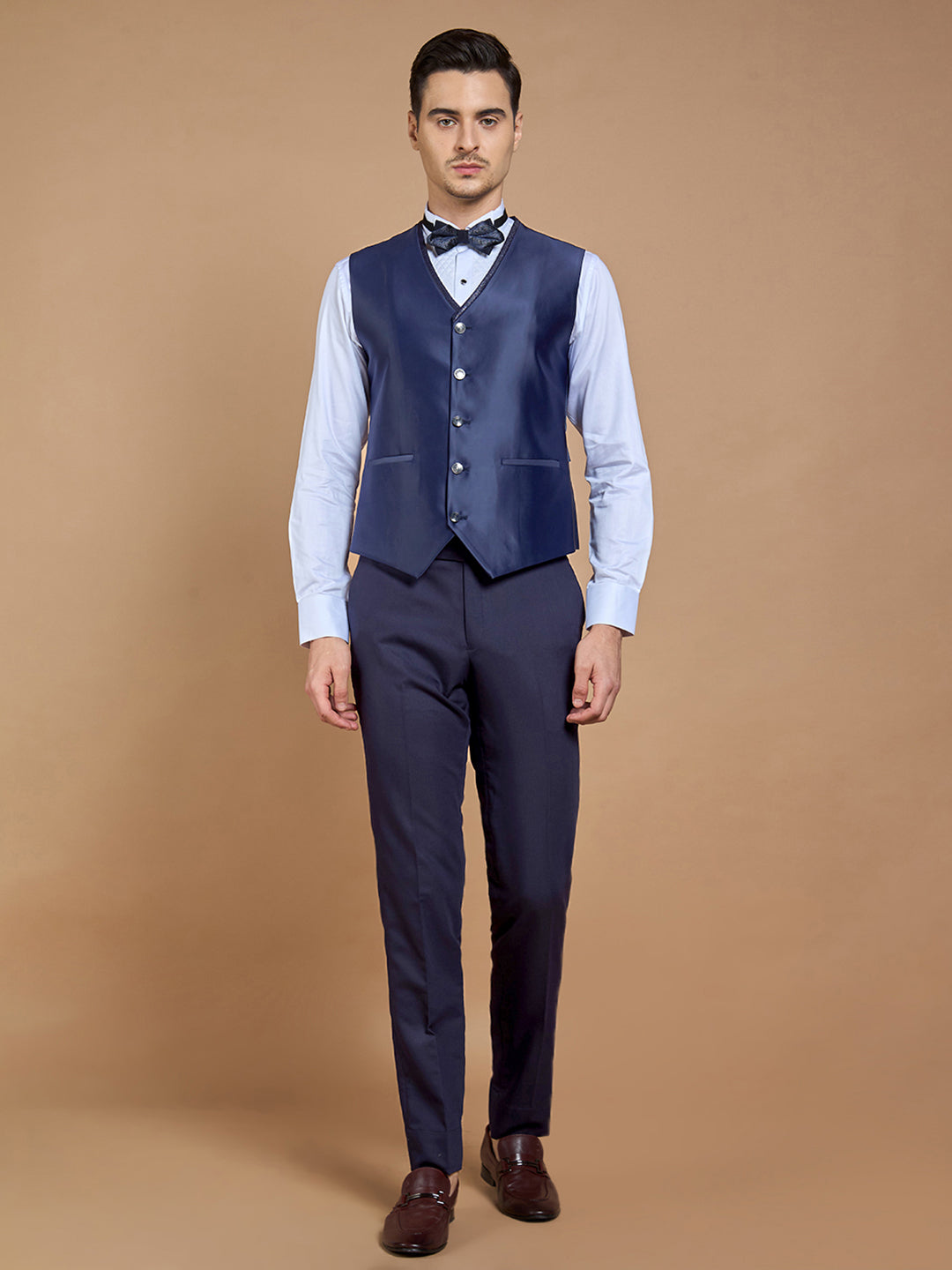 Men's Navy Blue Printed Tuxedo With Peak Collar