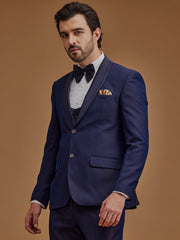 Single Breasted Textured Navy Blue Two Piece Suit