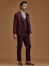 Wine Printed Single Breasted Five Piece Suit