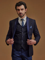Navy Blue Printed Single Breasted Five Piece Suit