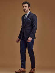 Navy Blue Printed Single Breasted Five Piece Suit