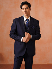 Men’s Navy Blue Textured Peak Collar Suit Set