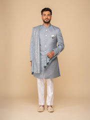 Sea Blue Mandarin Collar Achkan