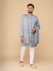 Sea Blue Mandarin Collar Achkan