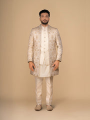 Cream Embroidered Men Achkan