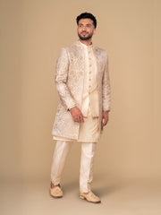 Cream Embroidered Men Achkan