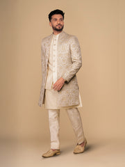 Cream Embroidered Men Achkan