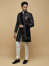 Black Floral Mandarin Collar Achkan