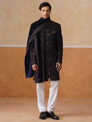 Black Floral Mandarin Collar Achkan