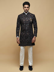 Black Floral Mandarin Collar Achkan