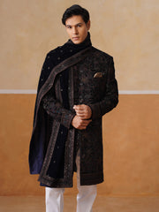 Black Floral Mandarin Collar Achkan