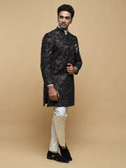 Black Floral Mandarin Collar Achkan