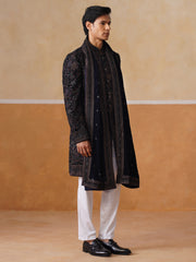 Black Floral Mandarin Collar Achkan