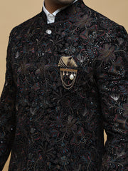 Black Floral Mandarin Collar Achkan