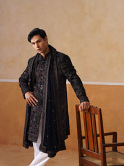 Black Floral Mandarin Collar Achkan