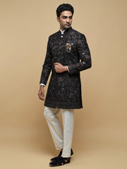 Black Floral Mandarin Collar Achkan