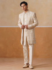 Beige Embroidered Mandarin Collar Achkan