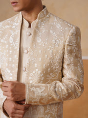 Beige Embroidered Mandarin Collar Achkan