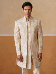 Beige Embroidered Mandarin Collar Achkan