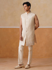 Beige Embroidered Mandarin Collar Achkan