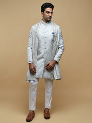 Elegant Silver Mandarin Collar Achkan