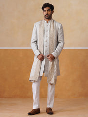 Grey Embroidered Mandarin Collar Achkan