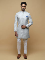 Elegant Silver Mandarin Collar Achkan