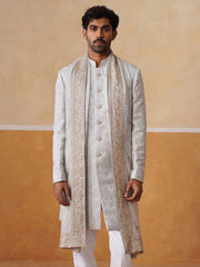 Grey Embroidered Mandarin Collar Achkan