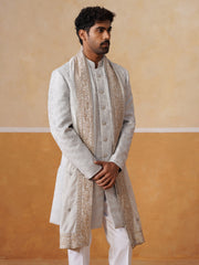 Grey Embroidered Mandarin Collar Achkan