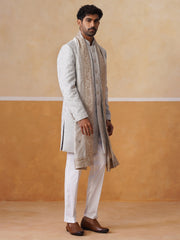 Grey Embroidered Mandarin Collar Achkan