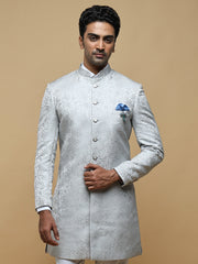 Elegant Silver Mandarin Collar Achkan