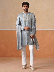 Elegant Silver Mandarin Collar Achkan