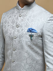 Elegant Silver Mandarin Collar Achkan