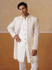 Cream Embroidered Mandarin Collar Achkan